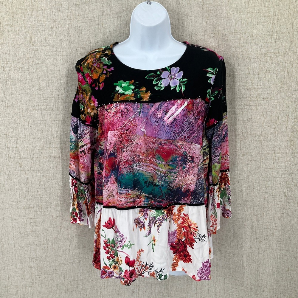 Caleasa Tunic Womens M Multi Floral Patchwork Bell Sleeve Boho Peplum Top Artsy